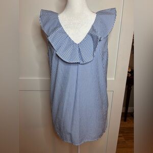 J. Crew Navy Striped Ruffle V-Neck Blouse